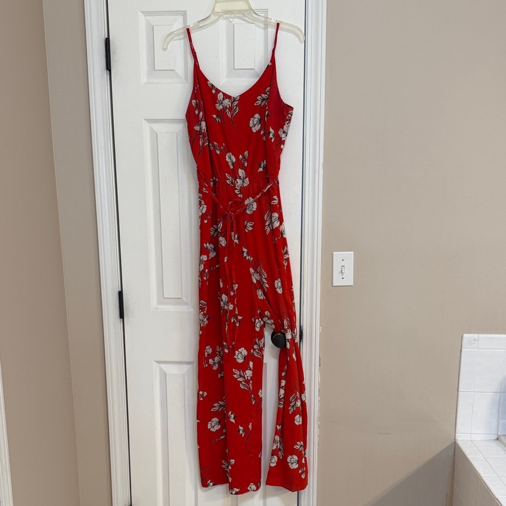Skies Are Blue Red Floral Spaghetti-Strap Jumpsuit